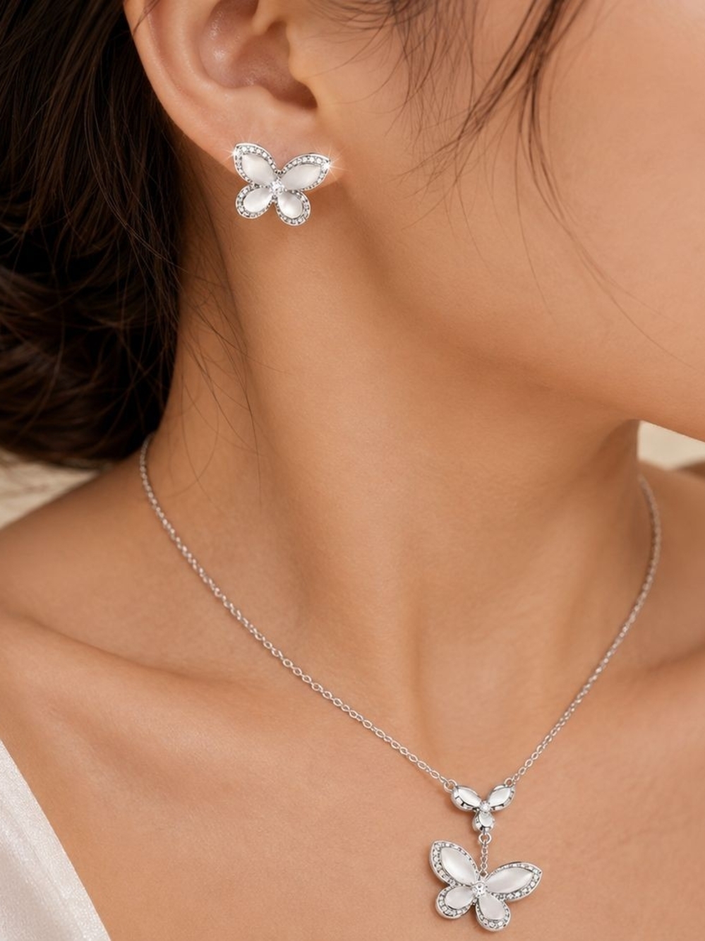 Silver Butterfly Necklace and Earring Set - Silver - Picture 3 of 6